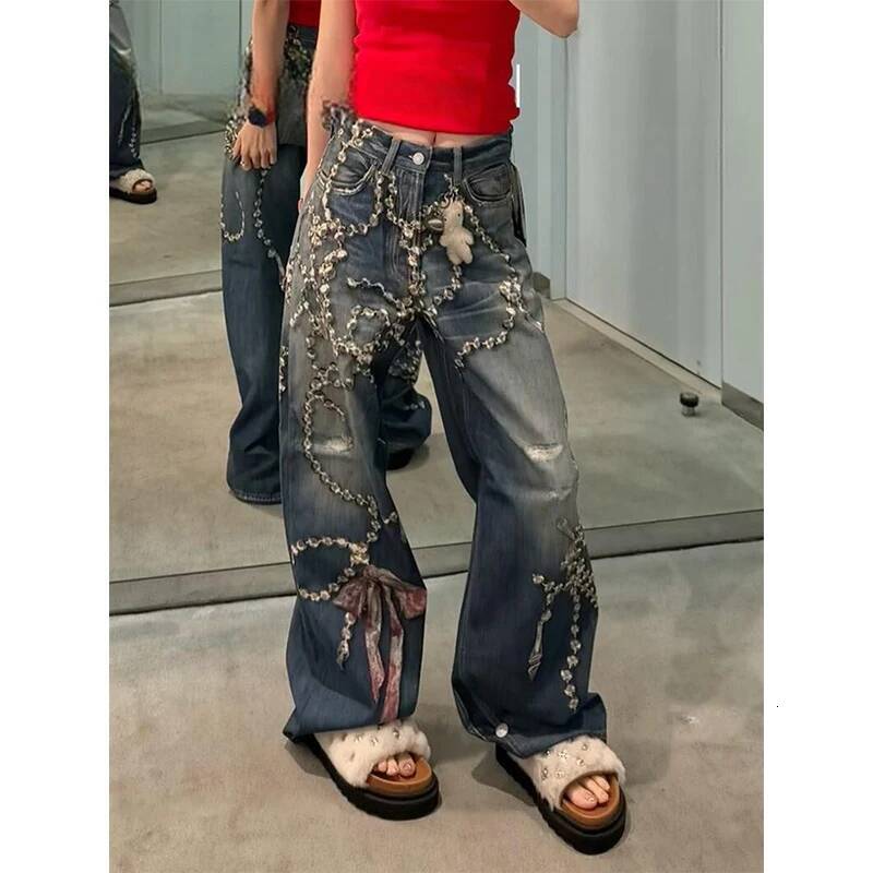 Women's Denim Pants 2025 Autumn Winter Tie Dye Harajuku Y2K Japanese Baggy Grunge Wide Fit Goblin Core Vintage Blue Jeans ddmysept