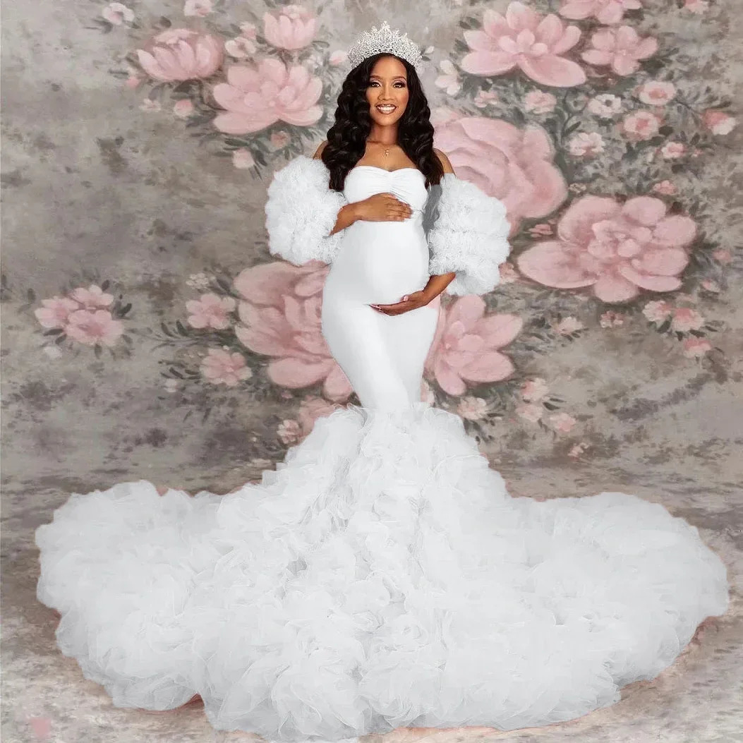 Stretch Pink Mermaid Maternity Dresses Poshoot Puffy Sleeves baby shower vestidos para em 251224 - view 3
