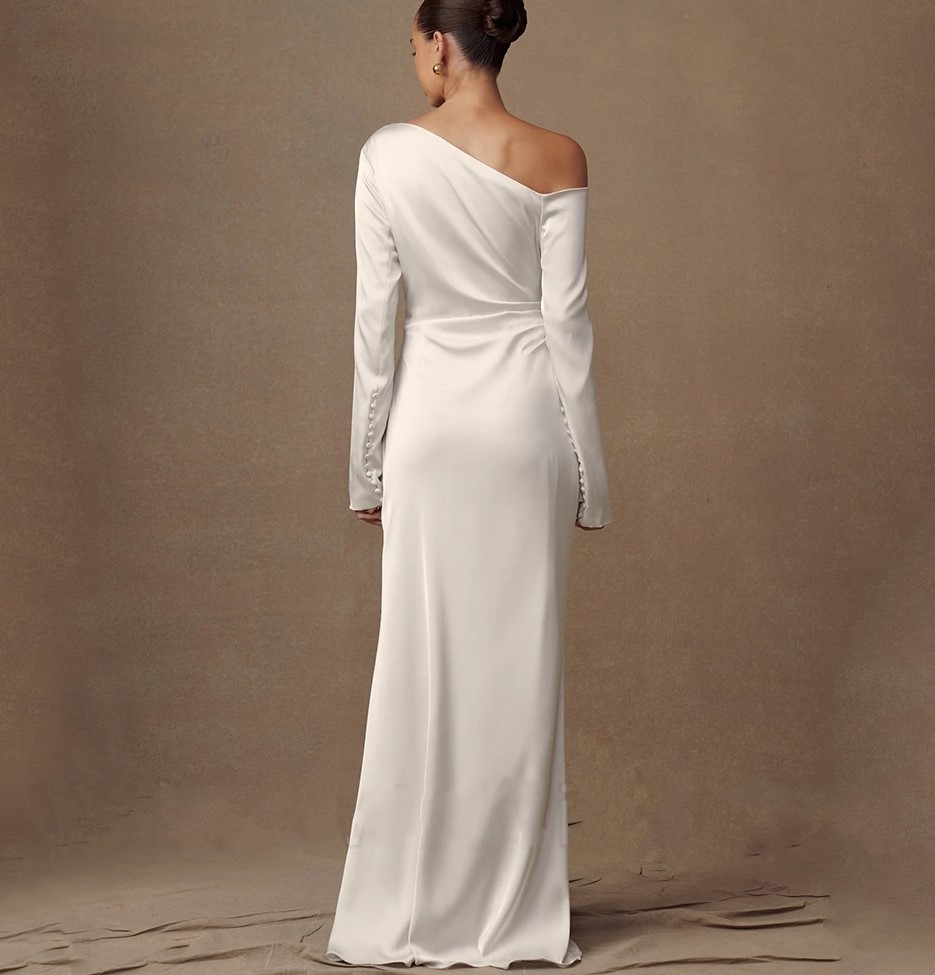 Simple Mermaid Wedding Dress 2026 Long Sleeves Off the Shoulder with Buttons Soft Satin Bridal Bride Gowns Vestidos De Noiva