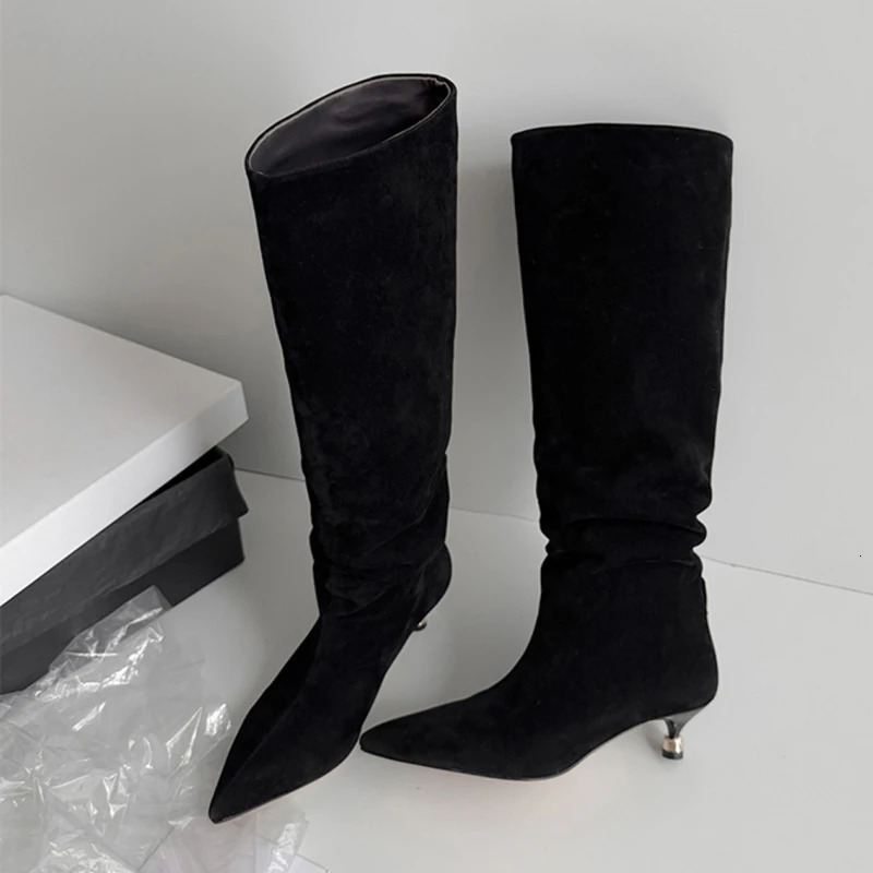 Womens High Boots Fashion Pointed Toe Heeled Shoes Suede Winter Boots Sexy Pumps Mujer Chelsea Botas 251230