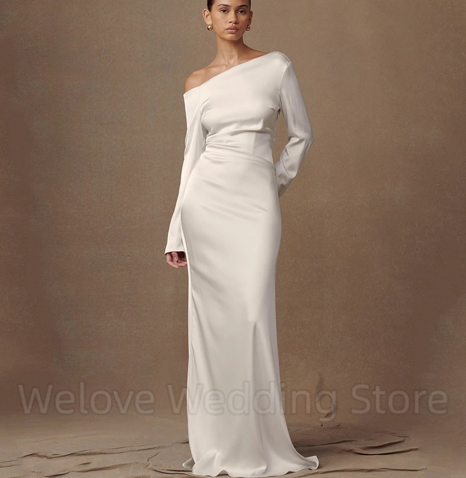 Simple Mermaid Wedding Dress 2026 Long Sleeves Off the Shoulder with Buttons Soft Satin Bridal Bride Gowns Vestidos De Noiva