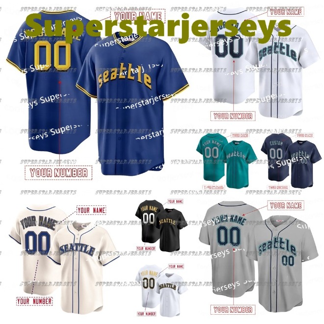 Custom Baseball Jerseys Cal Raleigh Julio Rodriguez JP Crawford Edgar Martinez Randy Arozarena Ken Griffey Jr. White/Black/Gold Any Name Number
