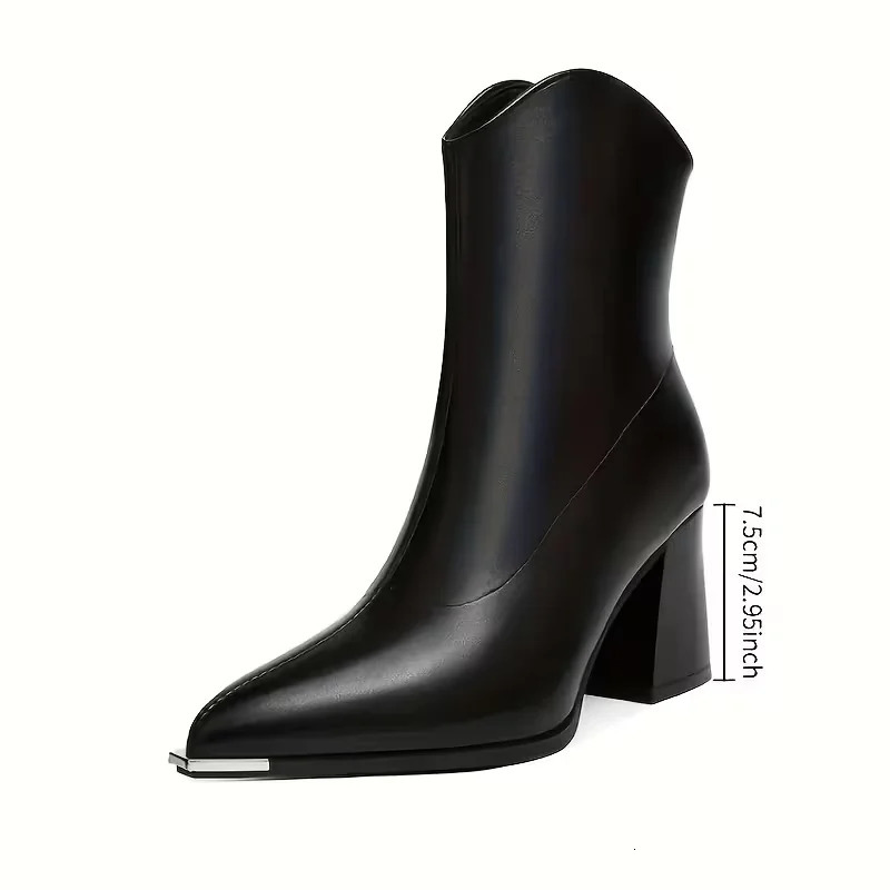 Winter Womens Black Pointed Toe Cowboy Boots - Chunky Heel Zip Ankle Boots Patent Leather Fashion Party Boots 251230 - view 4