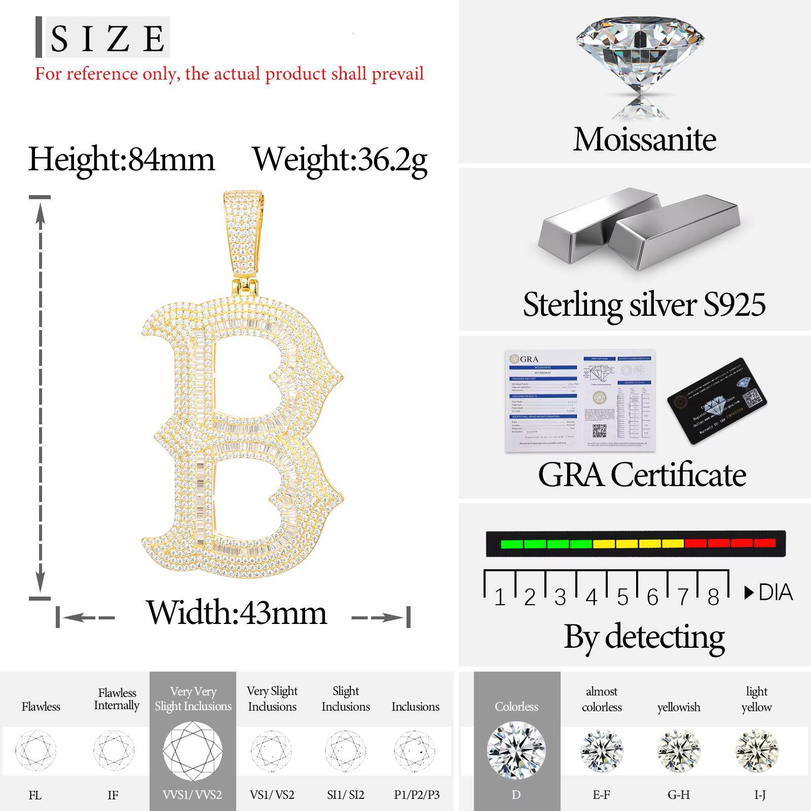 Big Size 26 Letters Diamond Pendant Mens Hip Hop Jewelry 925 Sterling Silver VVS Baguette Moissanite Iced Out Initial Pendant