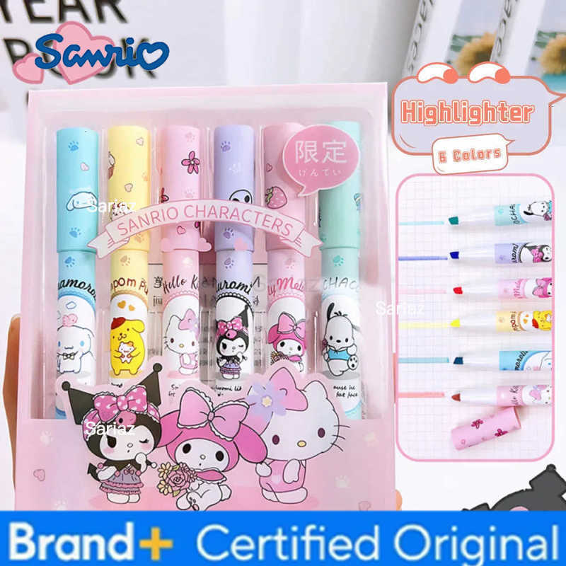 Sanrio 6Pcs/Set Kawaii Highlighter Set Pastel Colors Fluorescent Marker Pen Cute Soft Tip Highlighters for Student School Office Supply H251231