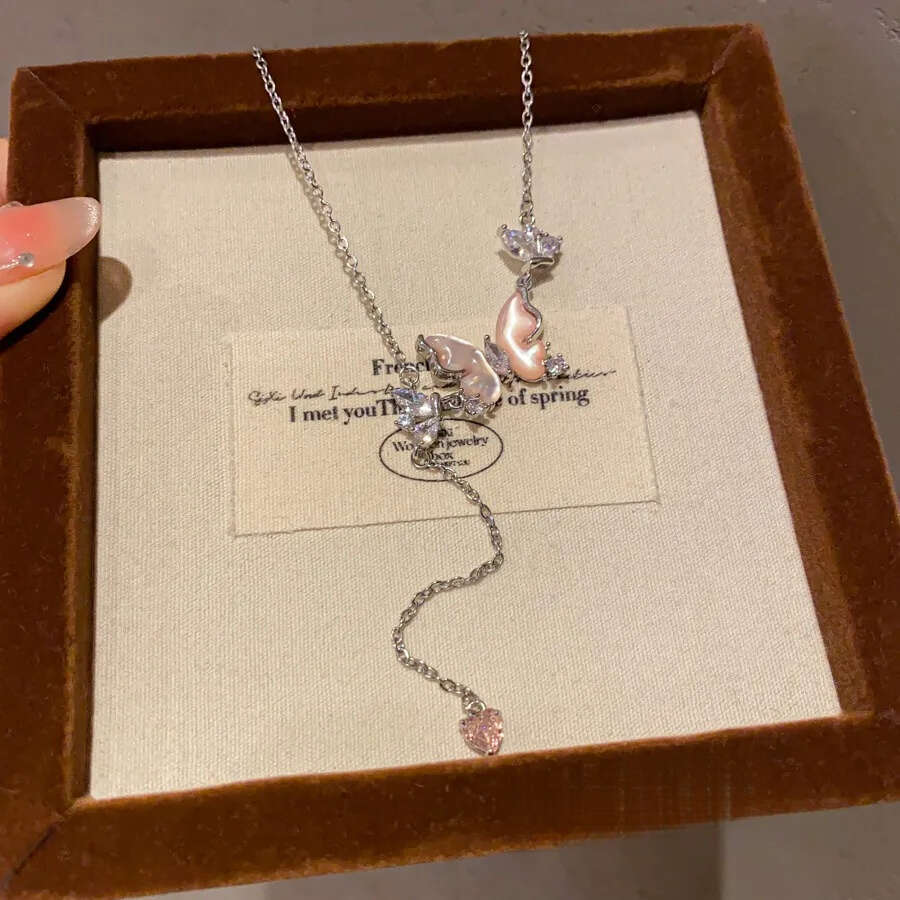 Designer Jewellery High Quality Silver Tone Butterfly Necklace with Mother of Pearl Rhinestone Accents for Special Occasions Wear Gift Textured Elegan