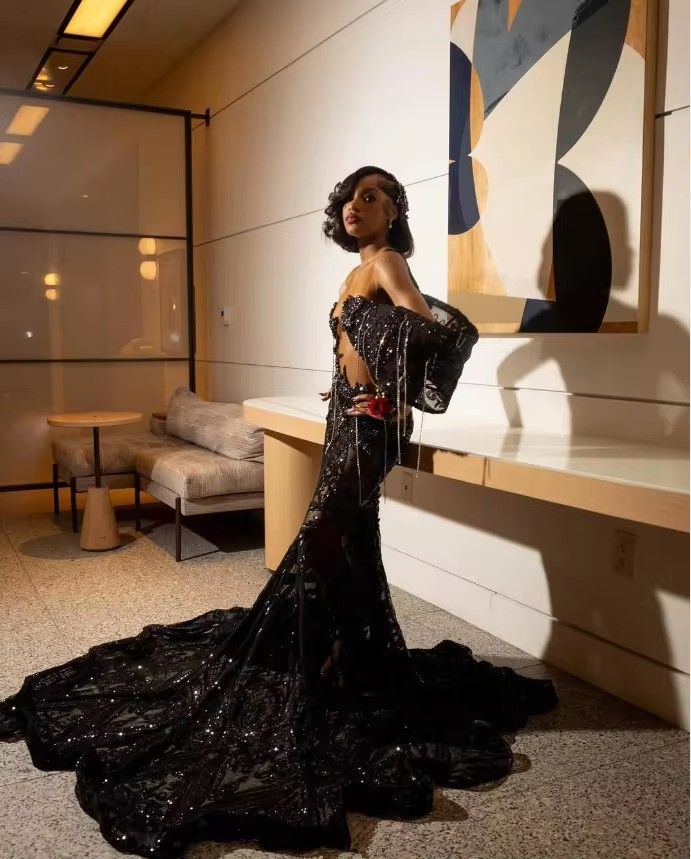 Elegant Mermaid Dresses For Black Girls 2026 New Sexy Sheer Jewel Neck Glitter Beads Sequins for Prom Gala Evening Gowns D31