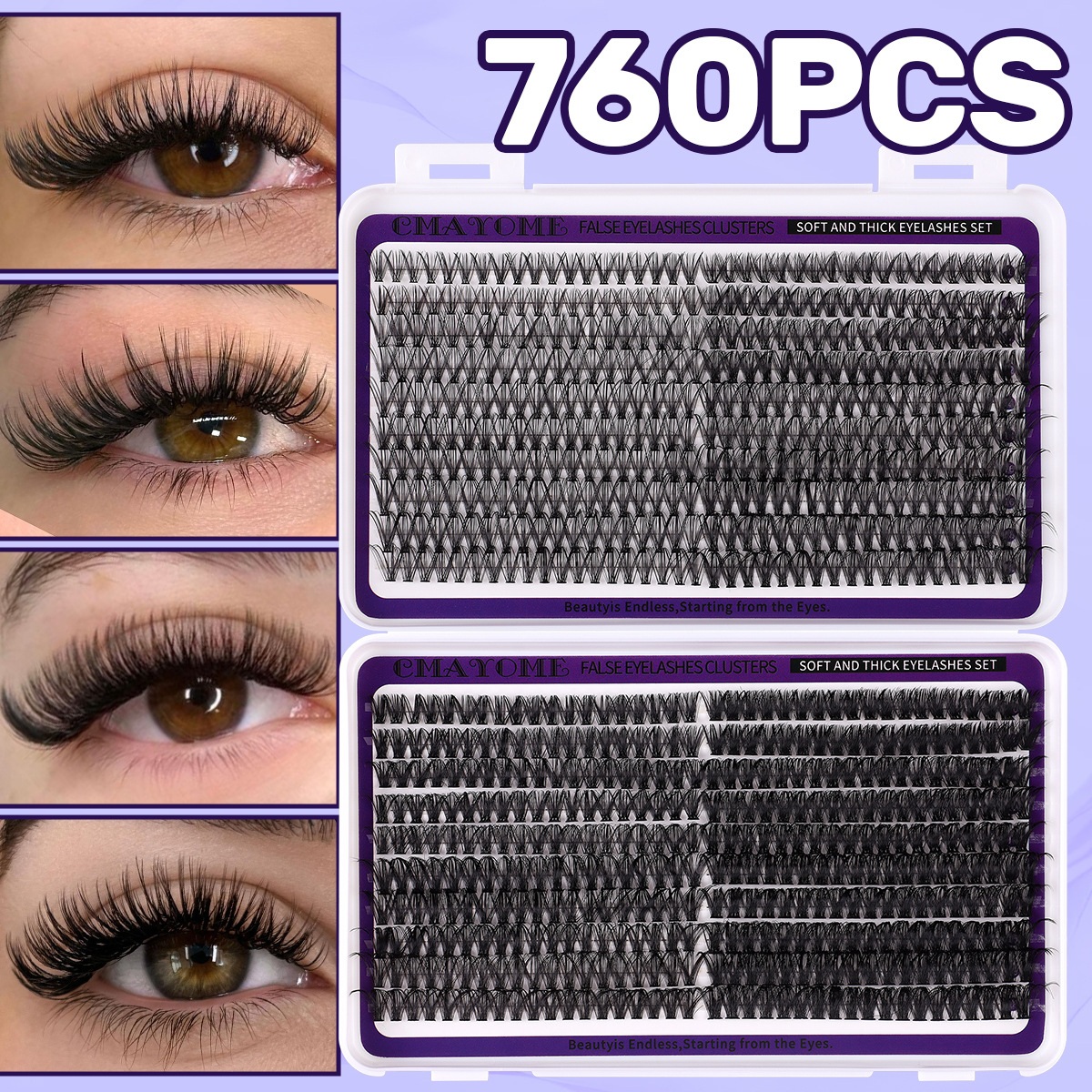 760Pcs DIY Cluster Lashes Kit with Lash Bond & Seal Thick Fluffy DIY Individual Eyelashes Soft Lightweight Hand Made Reusable D Curled Segmented Eyela