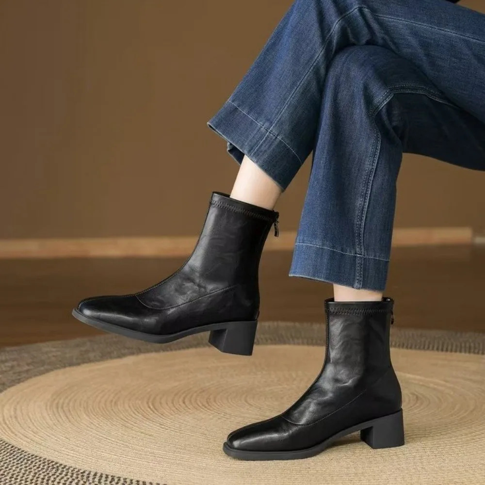 Autumn Vintage Elastic Slim Women Ankle Boots Fashion Soft Leather Shoes Ladies Elegant Thick Heel Mordern Short Booties 251230 - view 3