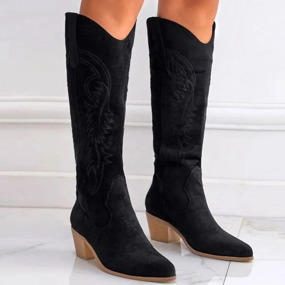 Big Size 43 High Quality Vintage Black Cowboy Boots Women Retro Suede Block Heels Knee High Boots Shoes 251226