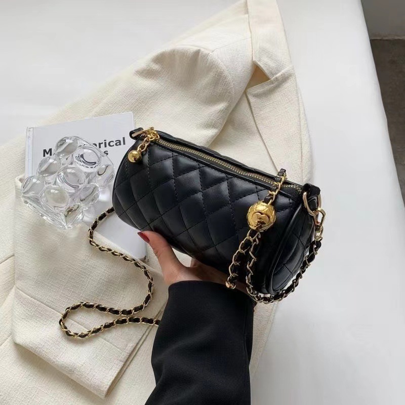 Women's 2026 New Cylinder Shape Quilted Chain Bag with Golden Ball Charm, Small Crossbody Purse, Fashion Versatile Shoulder Bag