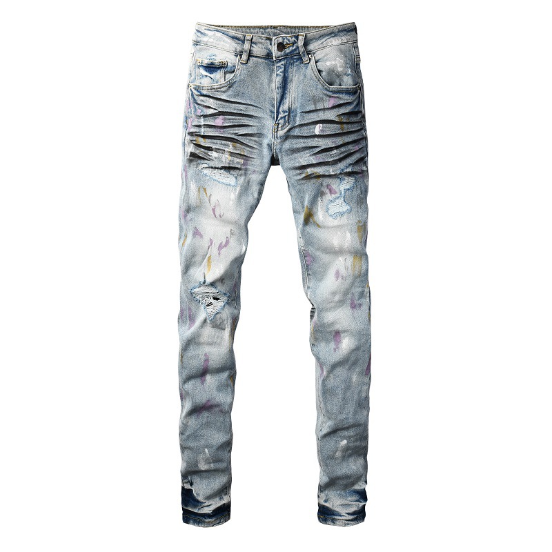 WOZK trendy ripped jeans slim fit elastic graffiti jeans fashionable patch men's pants
