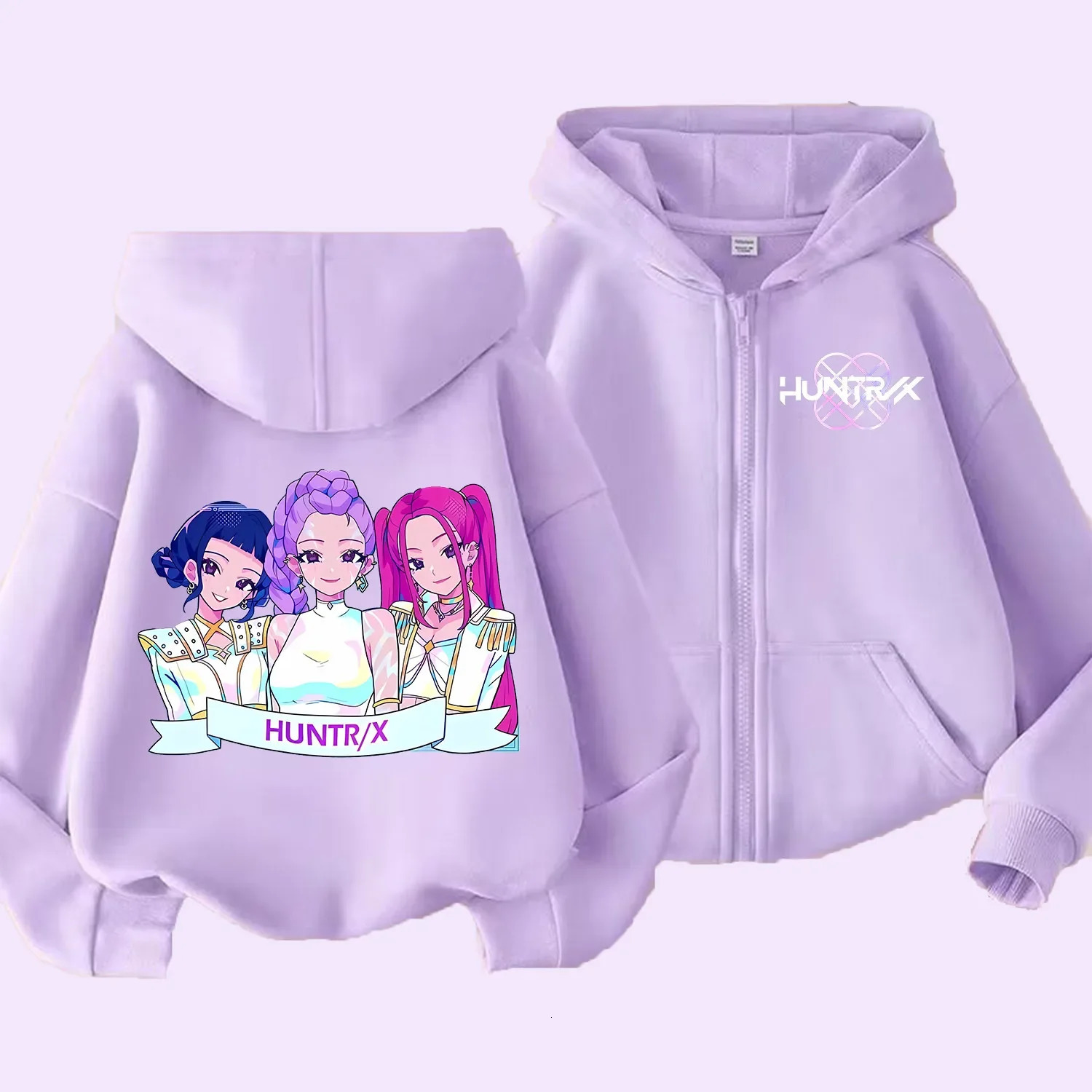 KPop Demon Hunters Zipper Hoodie Cartoon Girls Coat Fashion Thin Clothes Purple Autumn Hoodie Jacket Kids Anime Sweatshirt Gift 251218