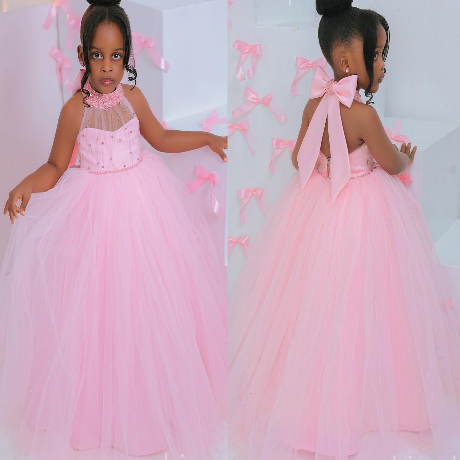 2026 Pink Ball Gown Flower Girl Dresses Pearls Crystals Bow Tulle Little Girl Christmas Peageant Birthday Christening Tutu Dress Gowns ZJ423