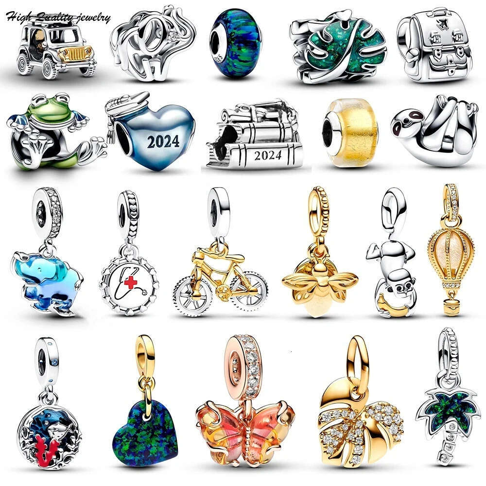 Summer New 925 Sterling Silver Flat Pendant Frog Beads Palm Tree Heart Pendant Monkey Elephant Charms Suitable For Necklace Bracelet DIY jewelry whole