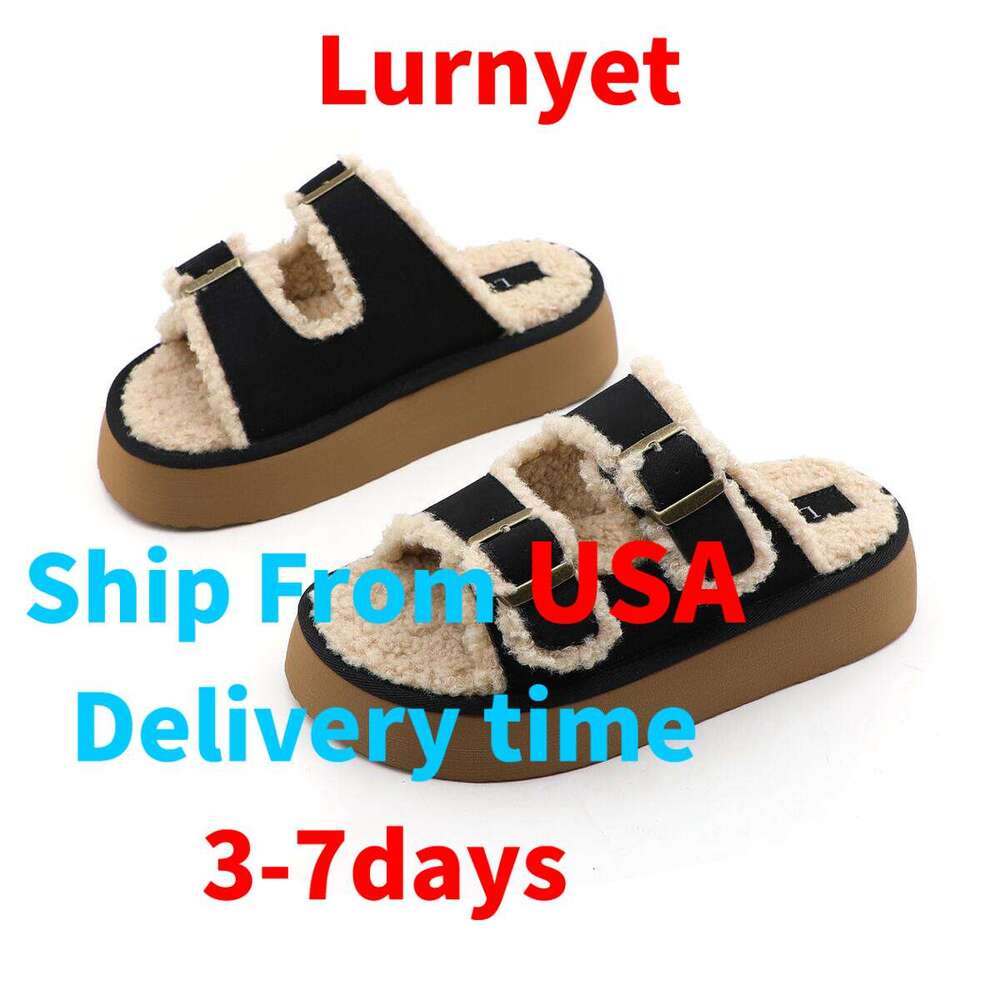 Lurnyet Women's Beige Shearling Slides Double Buckle Platform Sole Warm Casual Sandals PLUSH-1
