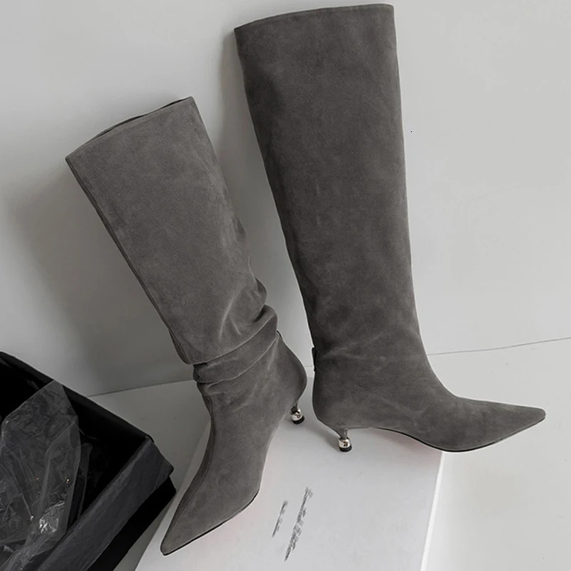 Womens High Boots Fashion Pointed Toe Heeled Shoes Suede Winter Boots Sexy Pumps Mujer Chelsea Botas 251230