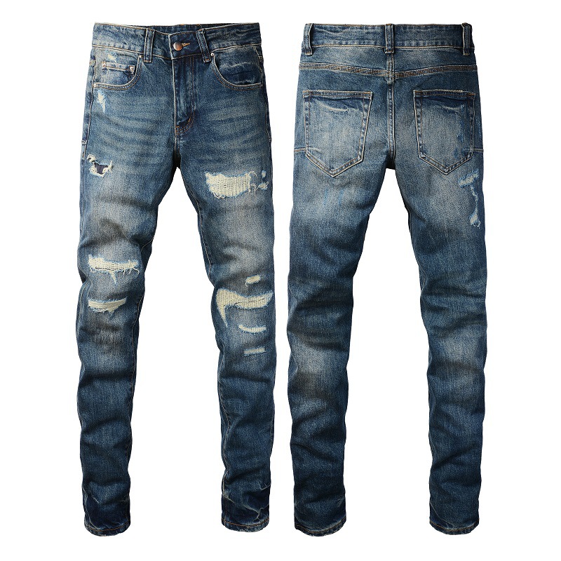 WOZK wholesale high street men's ripped jeans men's slim fit men's pants retro men's elastic youth pants designer