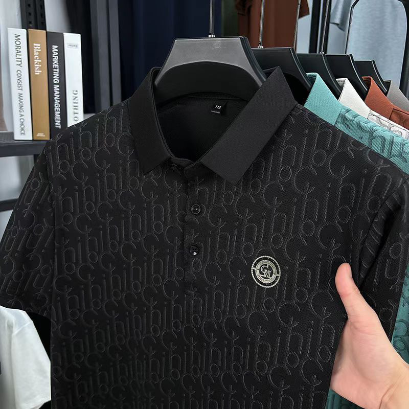 2026 New Designer Ice Silk Men's Short-sleeved Business Polo Shirt For Outdoor Sports, Fashionable Classic Breathable Jacquard Fabric Anti-wrinkle