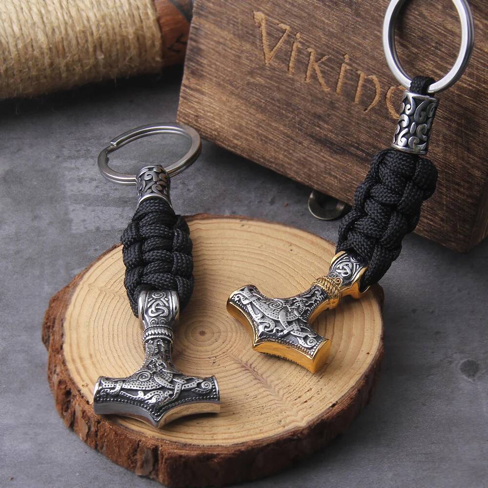 Never Fade Stainless Steel Nordic Viking Thor Hammer Pendant Rune Beads Keychain With Wooden Box As Gift