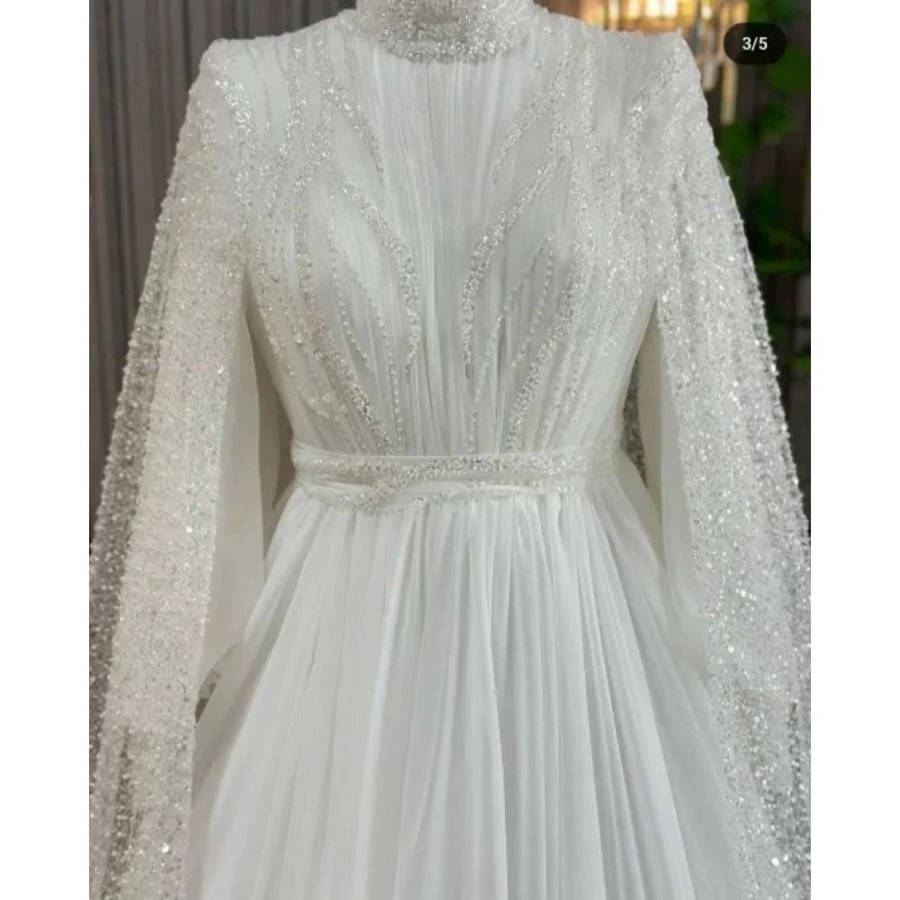 Luxury Sequin Lace Dresses With Shawl Sheer Crew Dubai Arabic Princess Wedding Gowns Customized D31 B0313
