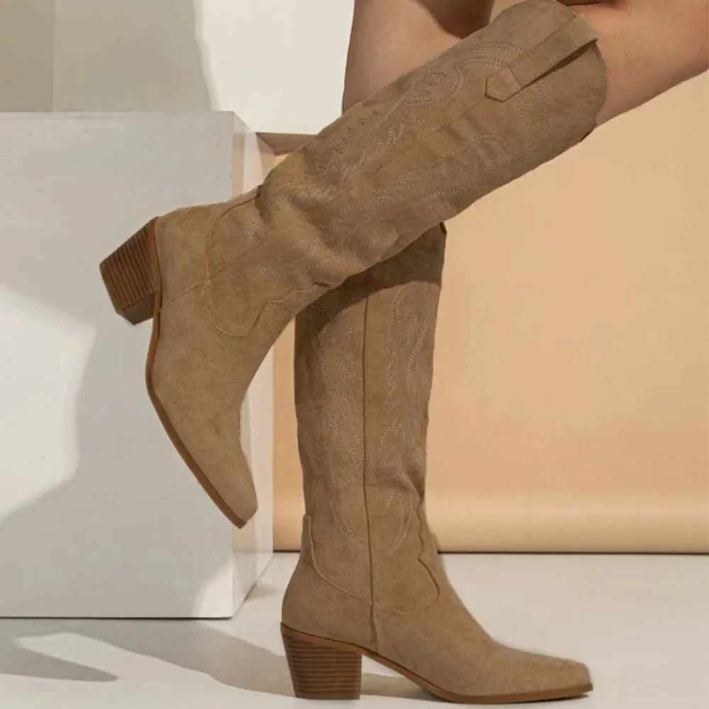 Big Size 43 High Quality Vintage Black Cowboy Boots Women Retro Suede Block Heels Knee High Boots Shoes 251226