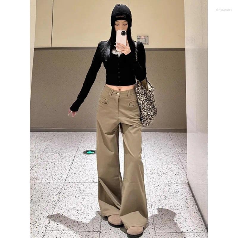 Women's Jeans Khaki High Waist Wide Leg Pants Loose Fit Casual Trousers Solid Color Streetwear 2025 Fashion Z260313