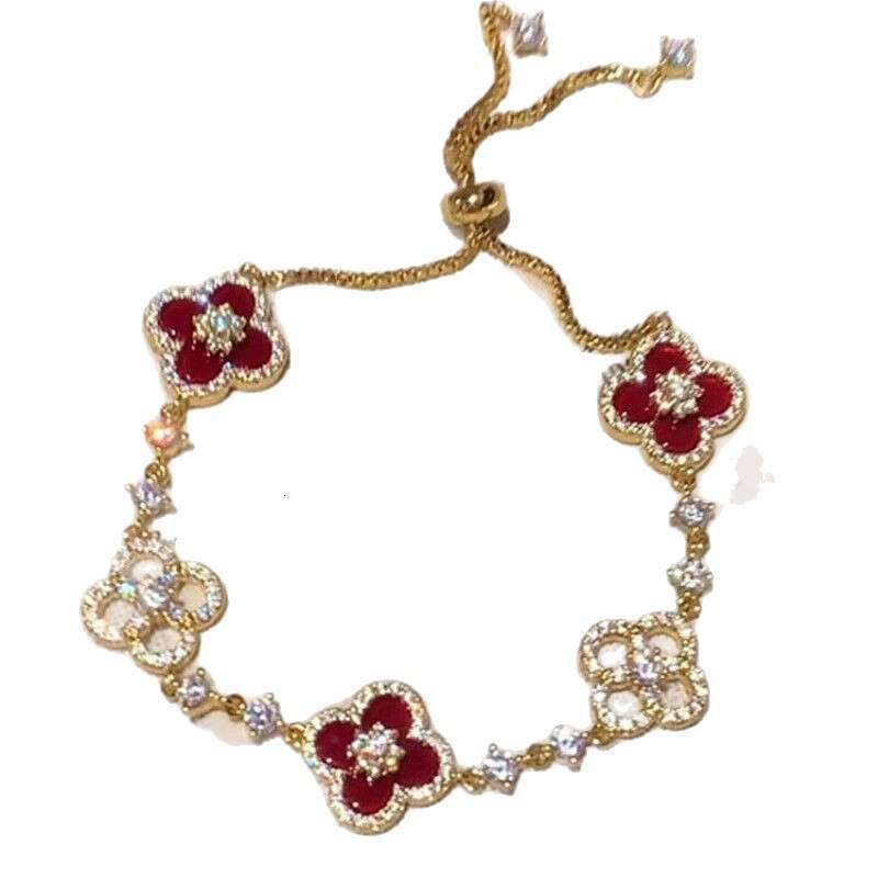 French Style Pink Clover Bracelet Women's Rose Gold Rhinestone Adjustable Jewelry Fashion Accessory