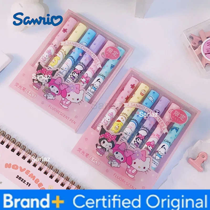 Sanrio 6Pcs Hello Kitty Highlighter Pen Set Kawaii Kuromi Melody Cinnamoroll Art Fluorescent Markers Pens School Office Statione H251231