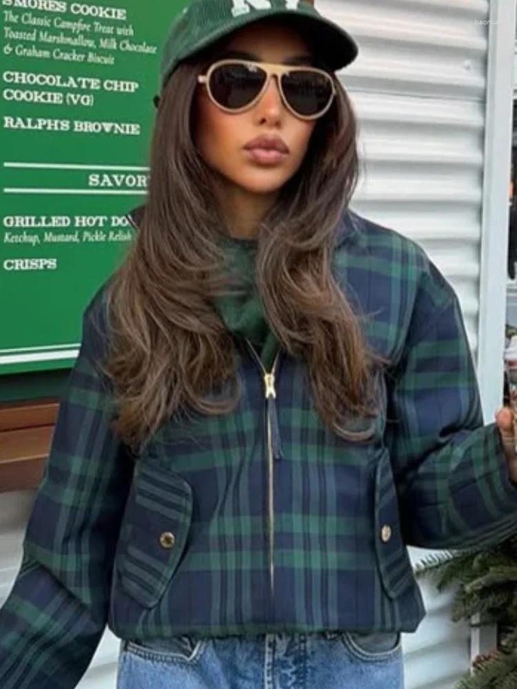 Women's Jackets Women Casual Plaid Lapel Short Jacket Fashion Stand Collar Full Sleeve V-neck Zipper 2026 Lady Spring Autumn Outwear