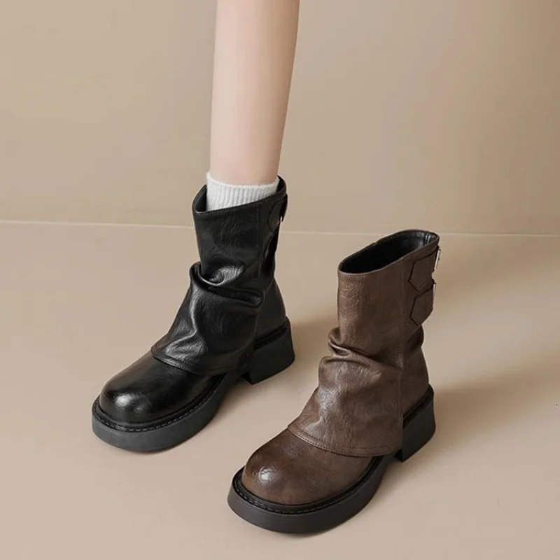 Womens Platform Ankle Boots - Buckle Chunky Heel BootiesFall/Winter Fashion Low-Cut Boots 251230