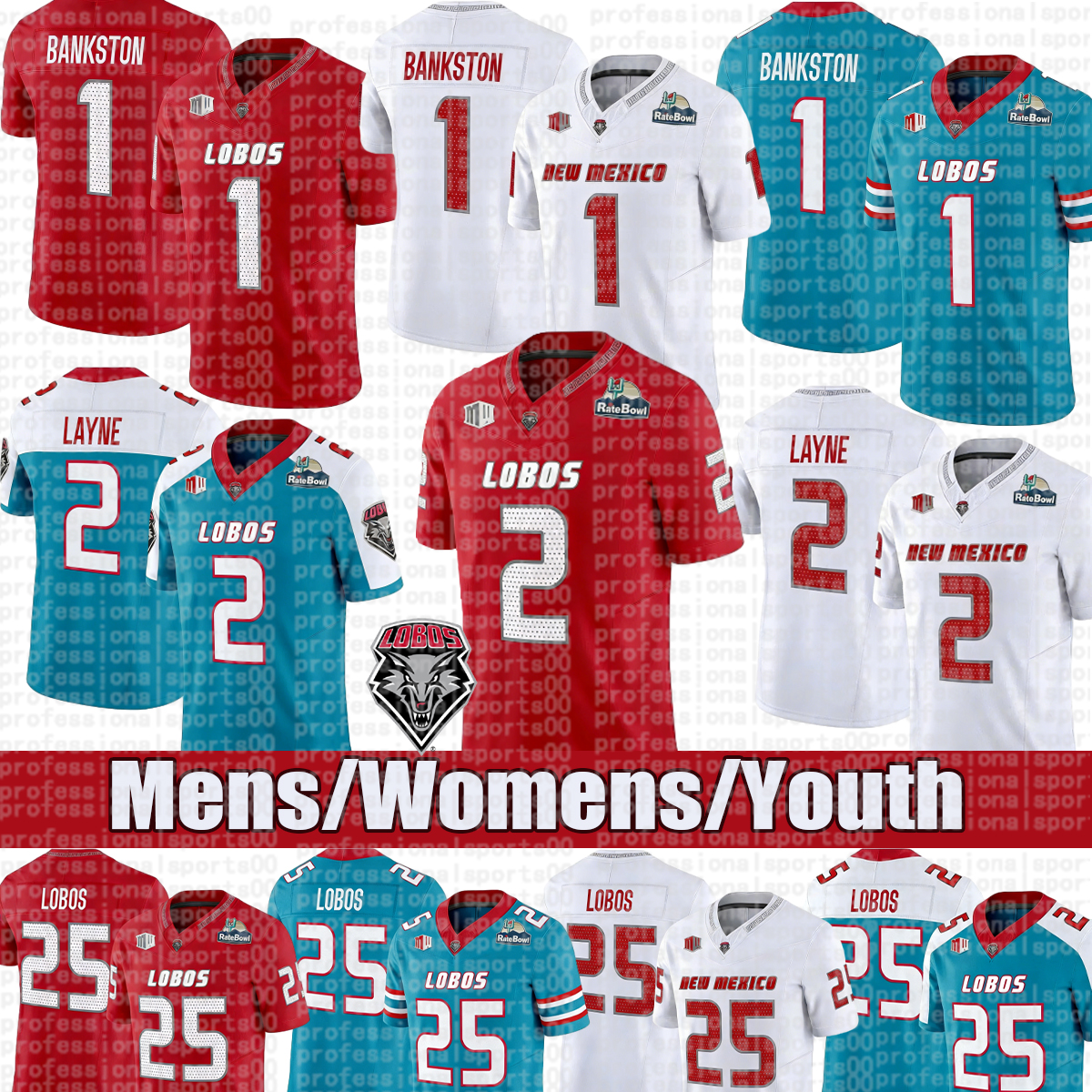 New Mexico Lobos Football Jersey #2 Layne #1 Bankston #4 McKinney #22 Humphrey #13 Laubstein Football Jerseys
