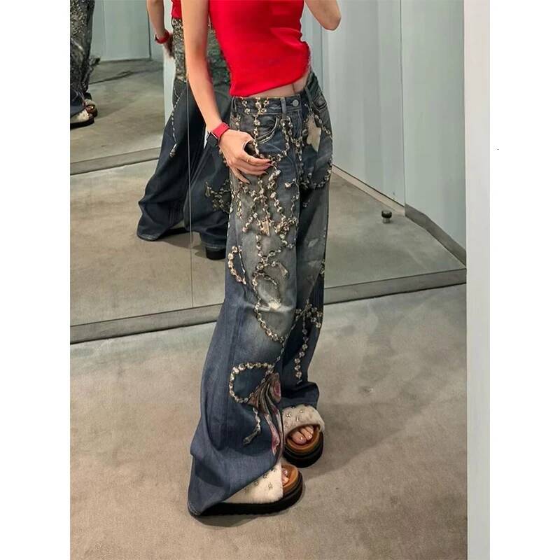 Women's Denim Pants 2025 Autumn Winter Tie Dye Harajuku Y2K Japanese Baggy Grunge Wide Fit Goblin Core Vintage Blue Jeans ddmysept