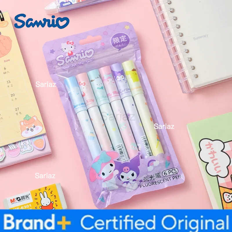 Sanrio 6Pcs Hello Kitty Highlighter Pen Set Kawaii Kuromi Melody Cinnamoroll Art Fluorescent Markers Pens School Office Statione H251231