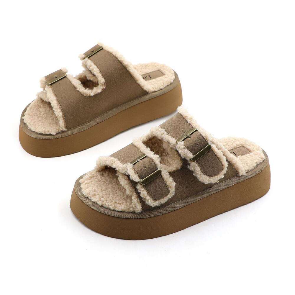 Lurnyet Women's Beige Shearling Slides Double Buckle Platform Sole Warm Casual Sandals PLUSH-1