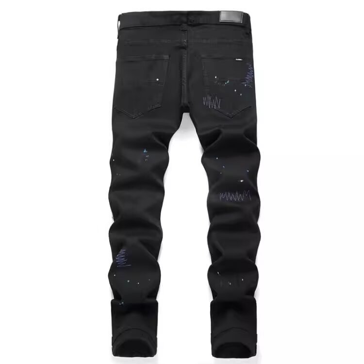 Luxury Designer Clothes High Street Black Cross Rhinestone Distressed Jeans For Men With Skull Print Slim Fit Casual Long Pants Trendy Brand
