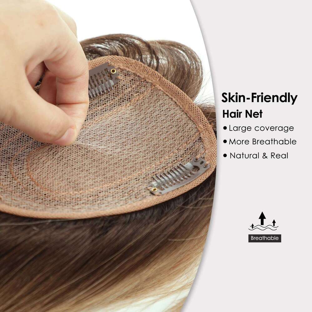 Brown Ombre 14 Inch Straight Silk Base Top Human Hair Topper with Bangs Clips 100% Remy Hairpieces for Women HairToppers Female