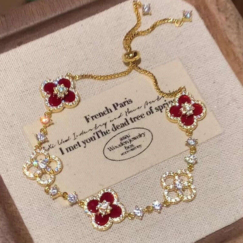French Style Pink Clover Bracelet Women's Rose Gold Rhinestone Adjustable Jewelry Fashion Accessory