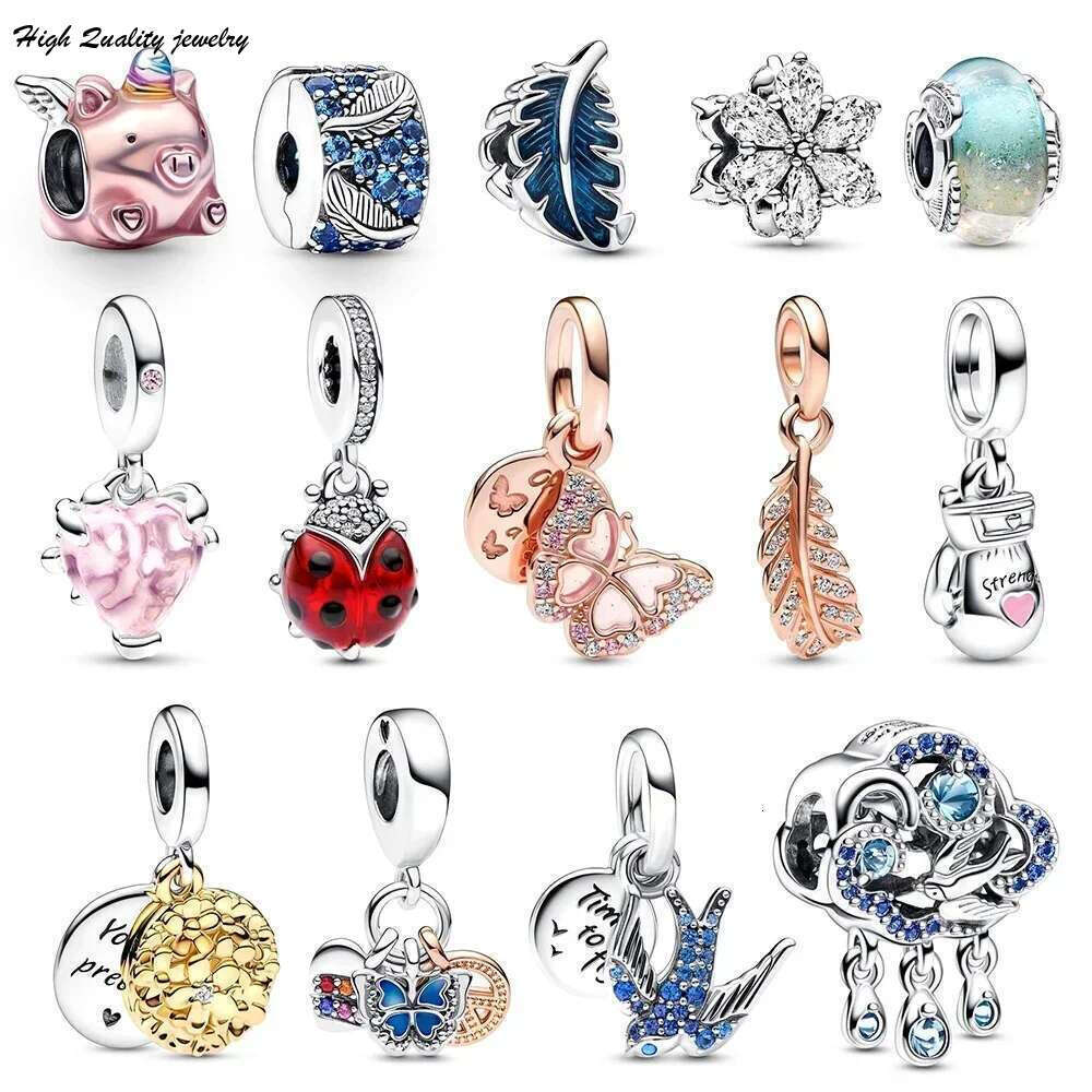 New 925 Sterling Silver Pretty Swallow Quote Double Dangle Charm Flying Unicorn Pig Cloud Swallow Curved Feather Clip Charm wholesale