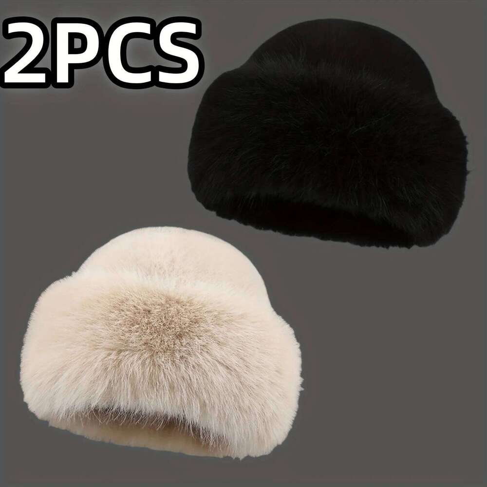 2pcs Faux Fur Mongolian With Thick Fleece Lining, Soft Warm Winter Plush Hat For Women 25T1231