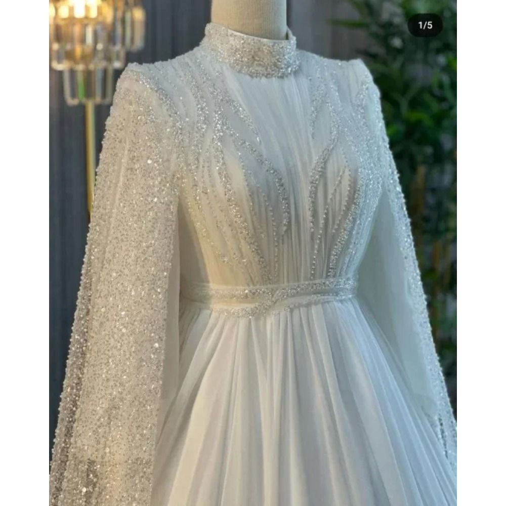 Luxury Sequin Lace Dresses With Shawl Sheer Crew Dubai Arabic Princess Wedding Gowns Customized D31 B0313