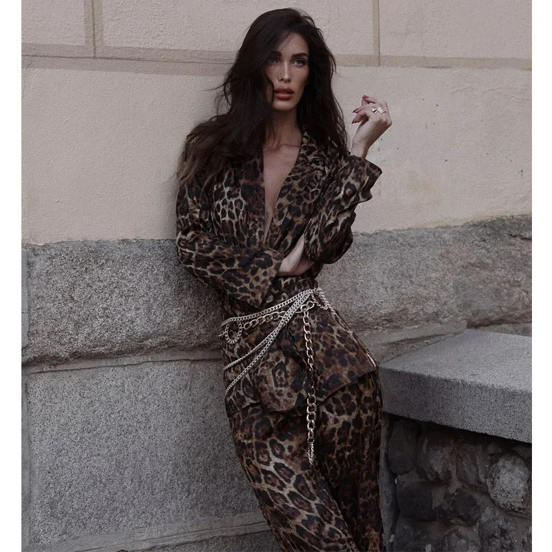 MUJER Leopard Print Blazers Woman Outfit Straight Leg Pants Sets for Women 2 Pieces Jacquard Office Blazer Womens Trouser Suit 251218