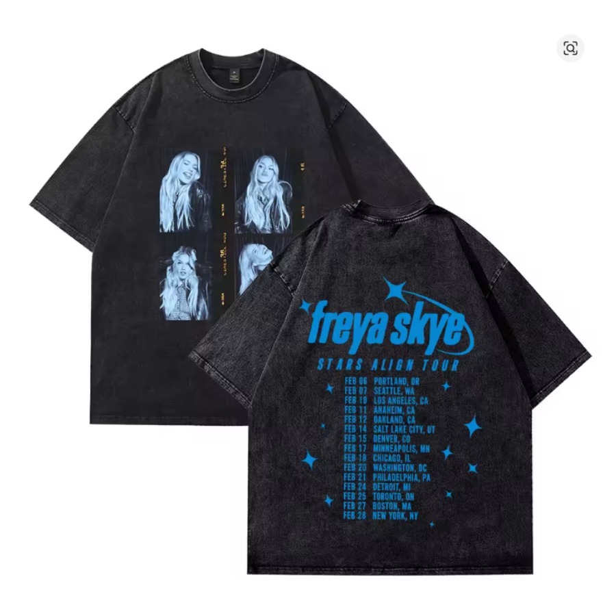 2026 Freya Skye Stars Align Tour Vintage Washed T Shirt Men's Women Casual High Quality Oversized Cotton T-shirt Fans Streetwear
