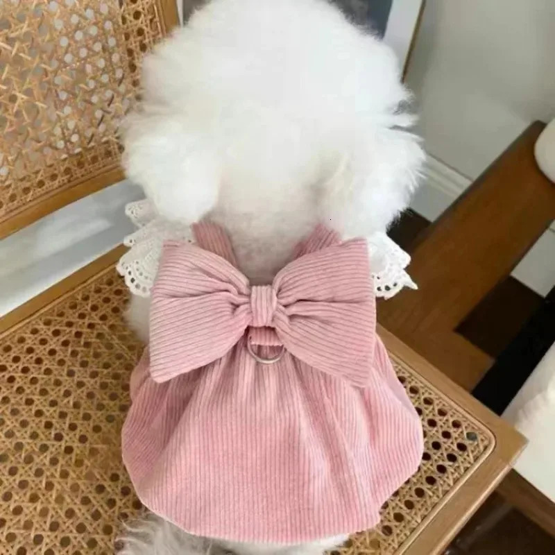 Pet Dog Clothes Winter Dress Corduroy Pumpkin Pulling Buckle Teddy Cat Warm Lace Skirt Puppy Dresses for Small Dogs 251229 H260130