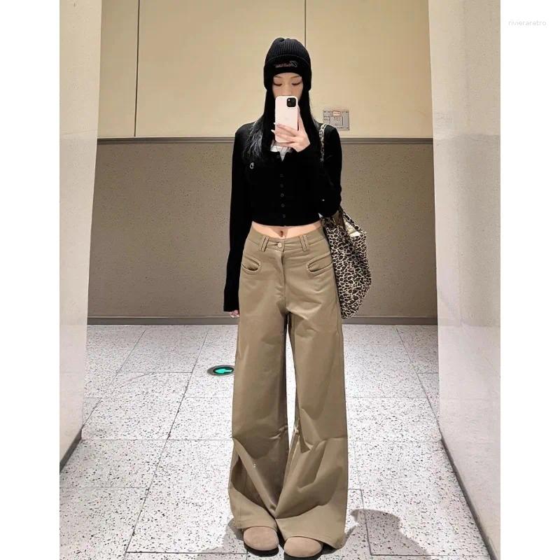 Women's Jeans Khaki High Waist Wide Leg Pants Loose Fit Casual Trousers Solid Color Streetwear 2025 Fashion Z260313