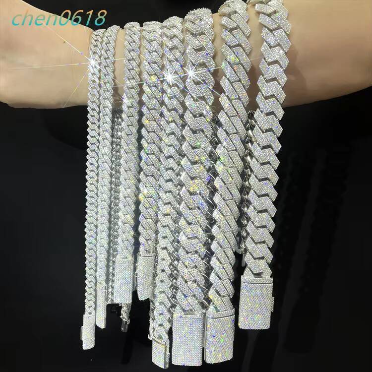 Fine Jewelry Hip Hop High Quality 925 Silver 8mm 10mm 12mm 14mm 15mm GRA VVS Moissanite Iced Out Cuban Link Chain for Men Women
