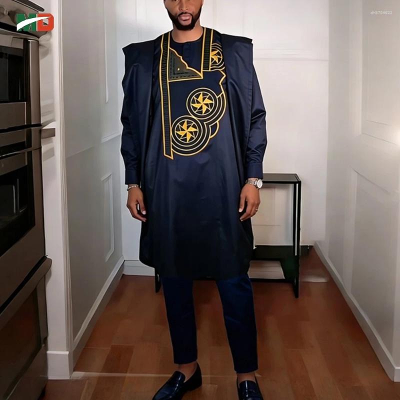 Ethnic Clothing MD African For Man Traditional Agbada Sets 2PCS Black Bazin Riche Shirt Pant Embroidery Wedding Party Suits Plus Size