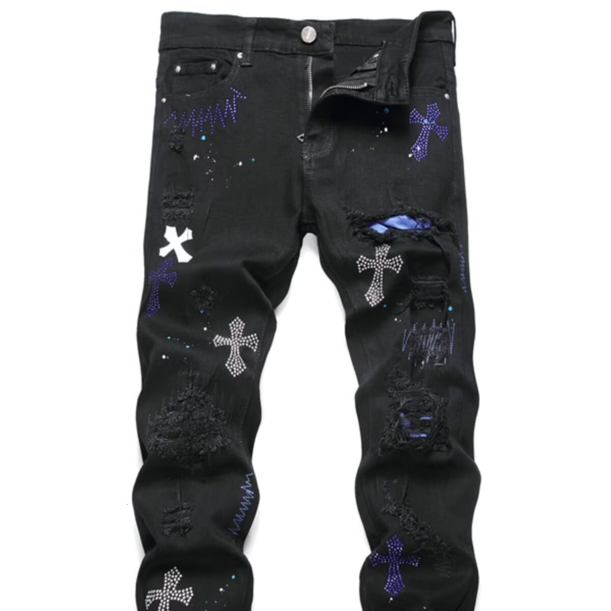 Luxury Designer Clothes High Street Black Cross Rhinestone Distressed Jeans For Men With Skull Print Slim Fit Casual Long Pants Trendy Brand