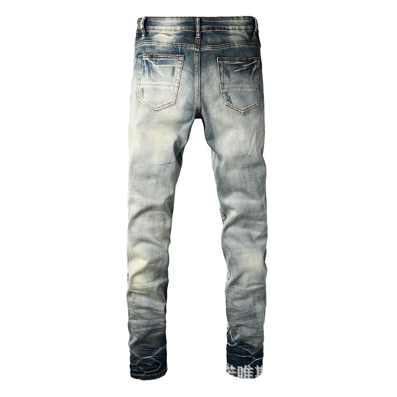 WOZK trendy ripped jeans slim fit elastic graffiti jeans fashionable patch men's pants designer