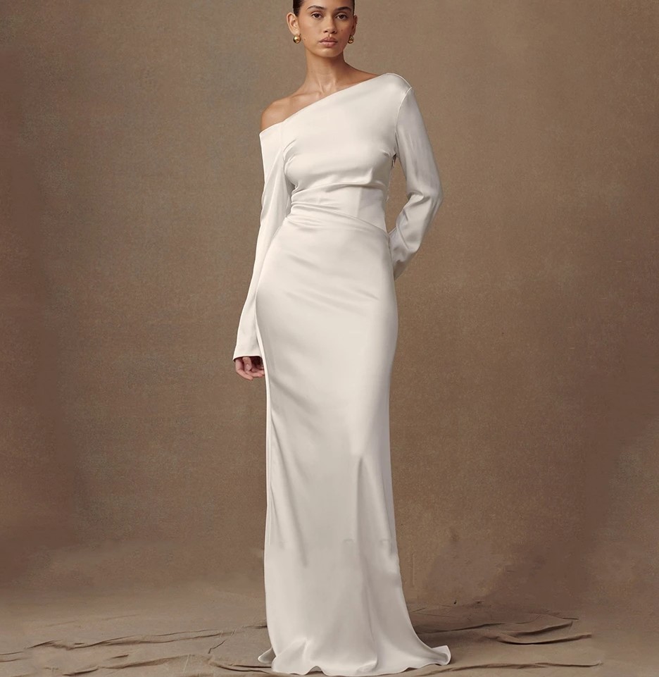 Simple Mermaid Wedding Dress 2026 Long Sleeves Off the Shoulder with Buttons Soft Satin Bridal Bride Gowns Vestidos De Noiva